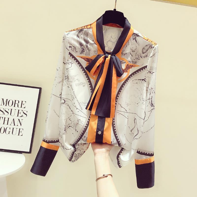 Silk Blouse Button - Female Korean Printing Chiffon Scarf Collar
