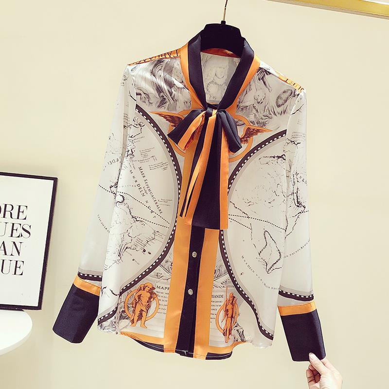 Female Korean Printing Chiffon - Silk Blouse Button 评论和价格