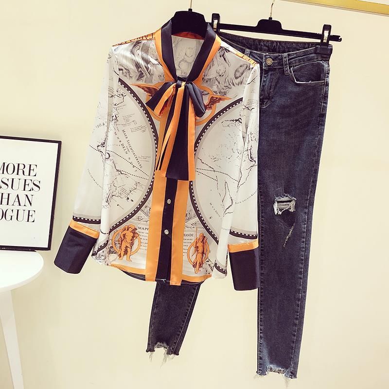 Female Korean Printing Chiffon - Silk Blouse Button 评论和价格