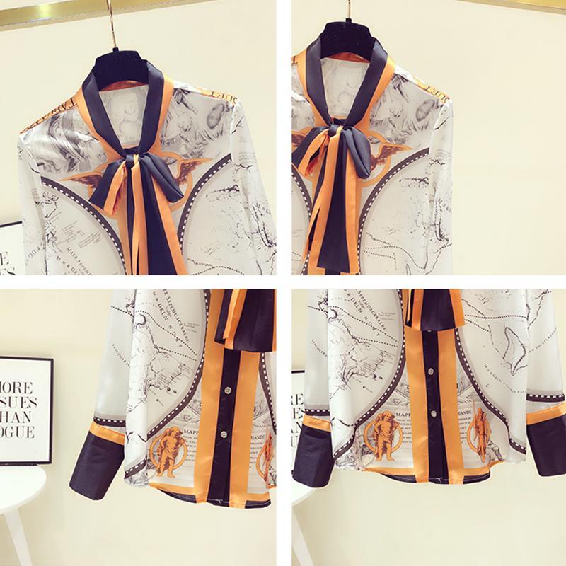Female Korean Printing Chiffon - Silk Blouse Button 评论和价格