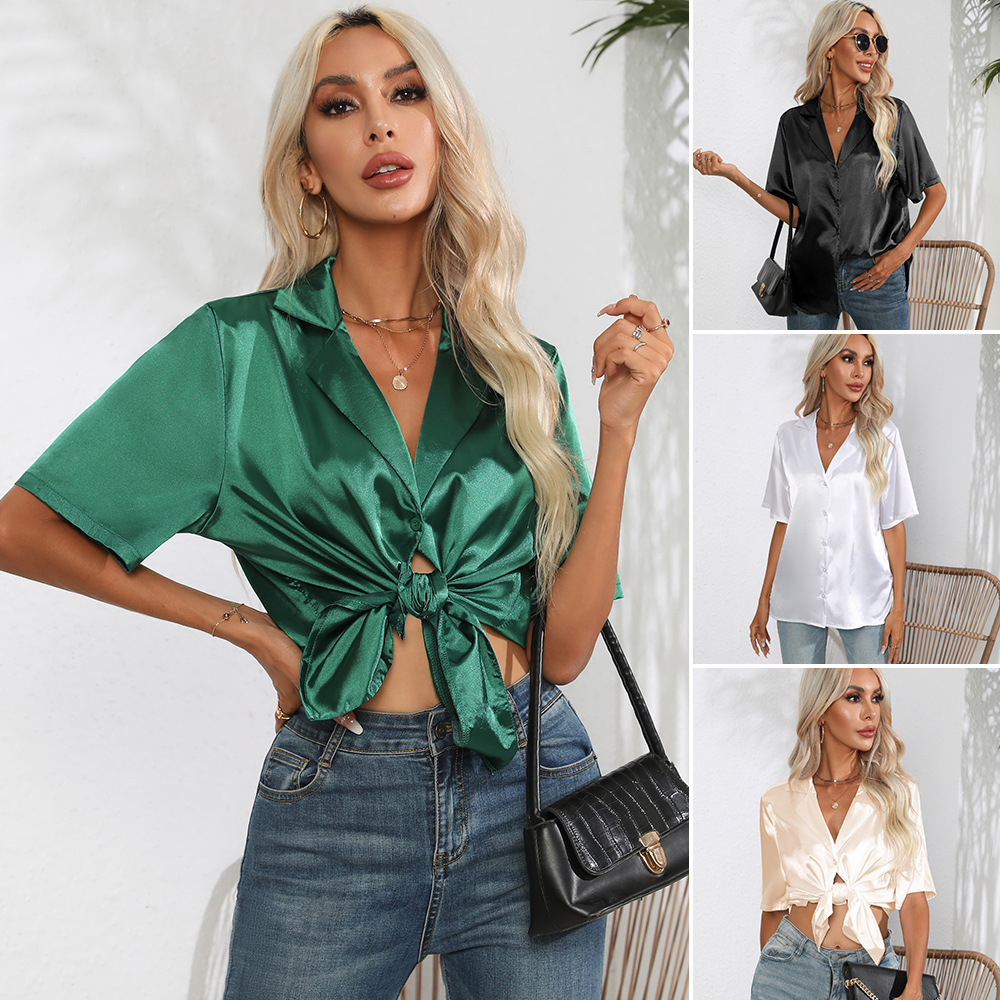 Women's New Solid Color Satin  - Silk Blouse Button 评论和价格