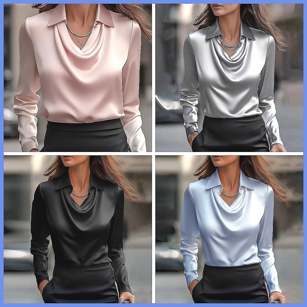 Vintage Satin Blouse Women Lon - Silk Blouse Button 评论和价格