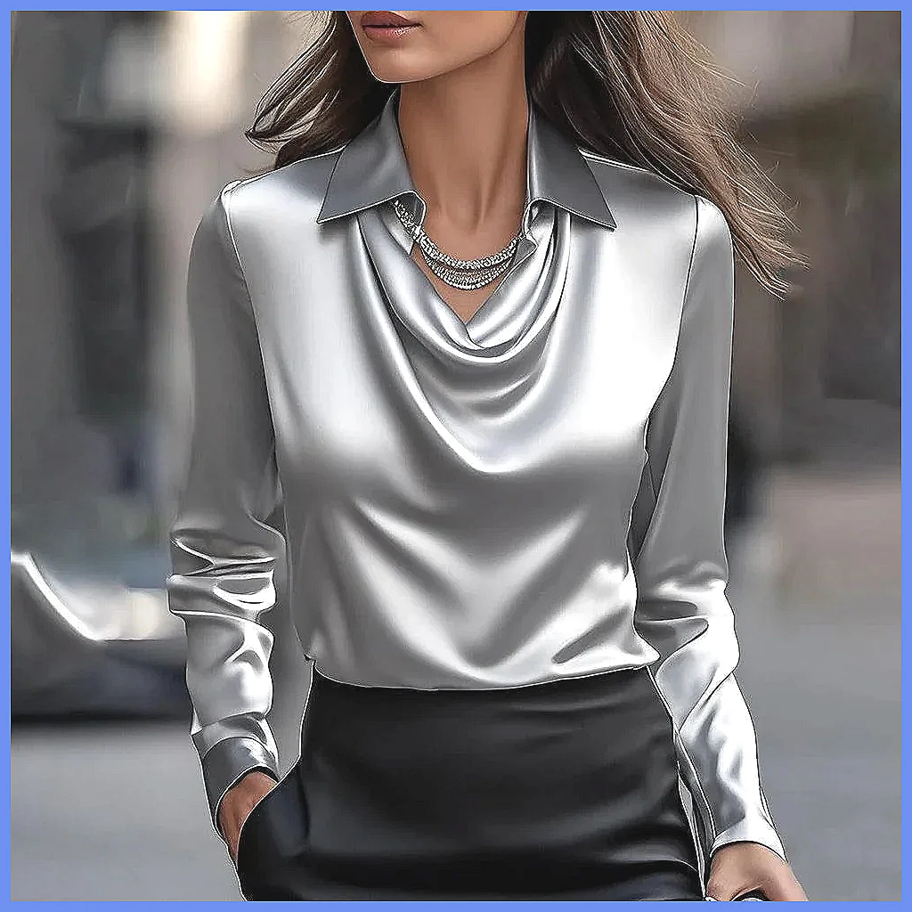 Vintage Satin Blouse Women Lon - Silk Blouse Button 评论和价格