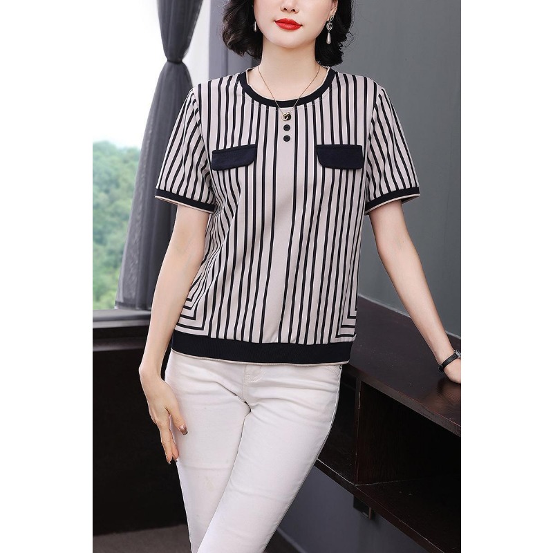 Women's Striped Ice Silk T-Shi - Silk Blouse Button 评论和价格