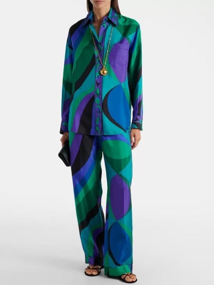 Retro geometric print lapel st - Silk Blouse Button 评论和价格